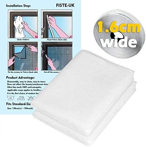 FISTE 2 Pack Window Insect Screen Netting Mesh,1.3 x 1.5M Insect Mosquito Window Self-Adhesive Tape White with 5 Meters Long 1.6cm Wide Self-Adhesive Tape