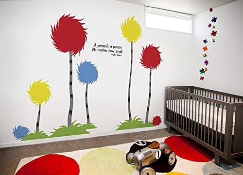 DESIGNER PLAYGROUND Dr Seuss Inspired Trufulla Tree with Cotton Puff and A Person's Quote Vinyl Wall Decal (126”W X 81”H) K141 Red Yellow Blue