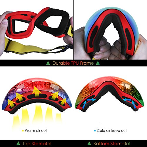 Ski Goggles, Frameless Snowboard Goggles Interchangeable Double Lens with Elastic Strap&Protective Case for Men Women - Anti Fog, 100% UV400 Protection, FDA & CE Approved Red(VLT25.4%)