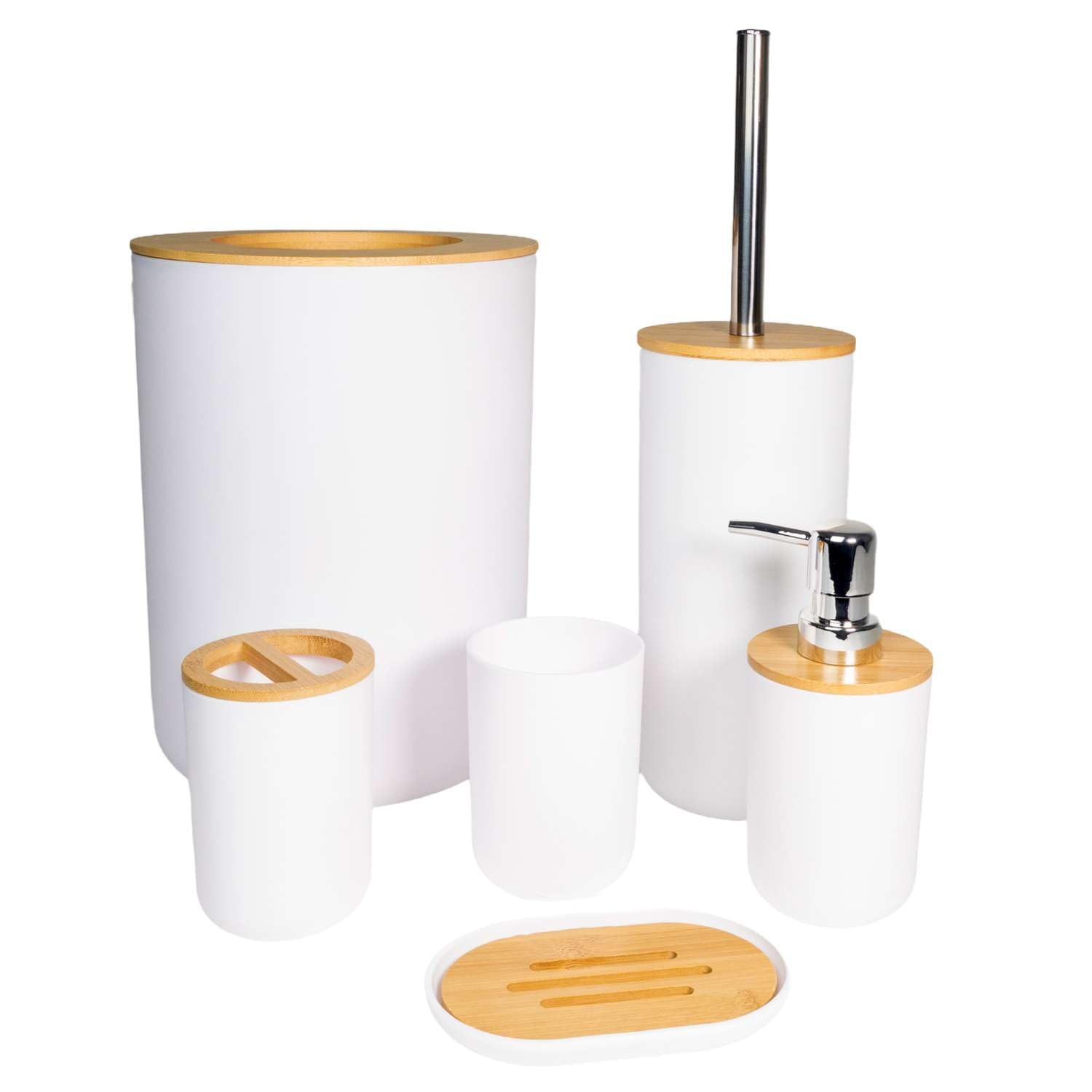 Intirilife bathroom accessories set made of bamboo and plastic in white - 6-piece set toothbrush tumbler toothbrush tumbler soap dish soap dispenser toilet brush with holder and waste bin