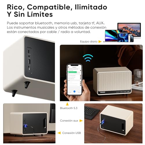 PHILIPS Bocina Bluetooth, Altavoz Bluetooth Portátil con Graves Profundos, 30 W, Bluetooth 5.3, 13h de Reproducción, Admite Bluetooth/AUX/TF/U Disk para Interiores, Fiestas, Exteriores (Blanco)
