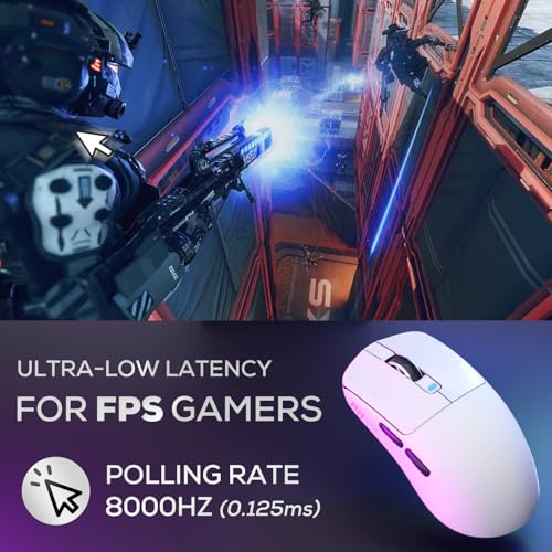 RK Royal Kludge M3 Wireless Gaming Mouse Ultralight 47g, PAW3950 Sensor 42000 DPI, 8K Wireless Mouse BT/2.4G/USB, 5 Programmable Buttons, Ergonomic Design, 650mAh Battery for PC/Consoles, White