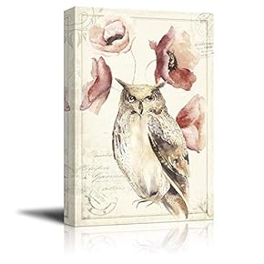Vintage Style Owl Poppy Flowers on Floral Background
