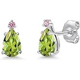 Gem Stone King 14K White Gold Green Peridot and Pink Lab Grown Diamond Stud Earrings for Women | 0.87 Cttw | Gemstone August Birthstone | Pear Shape 6X4MM