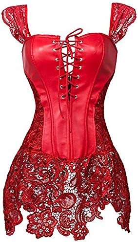 Meelino Women Sexy PU Faux Leather Steampunk Gothic Hollow Out Corset Bustier Lingerie Clubwear with Lace Mesh Skirt