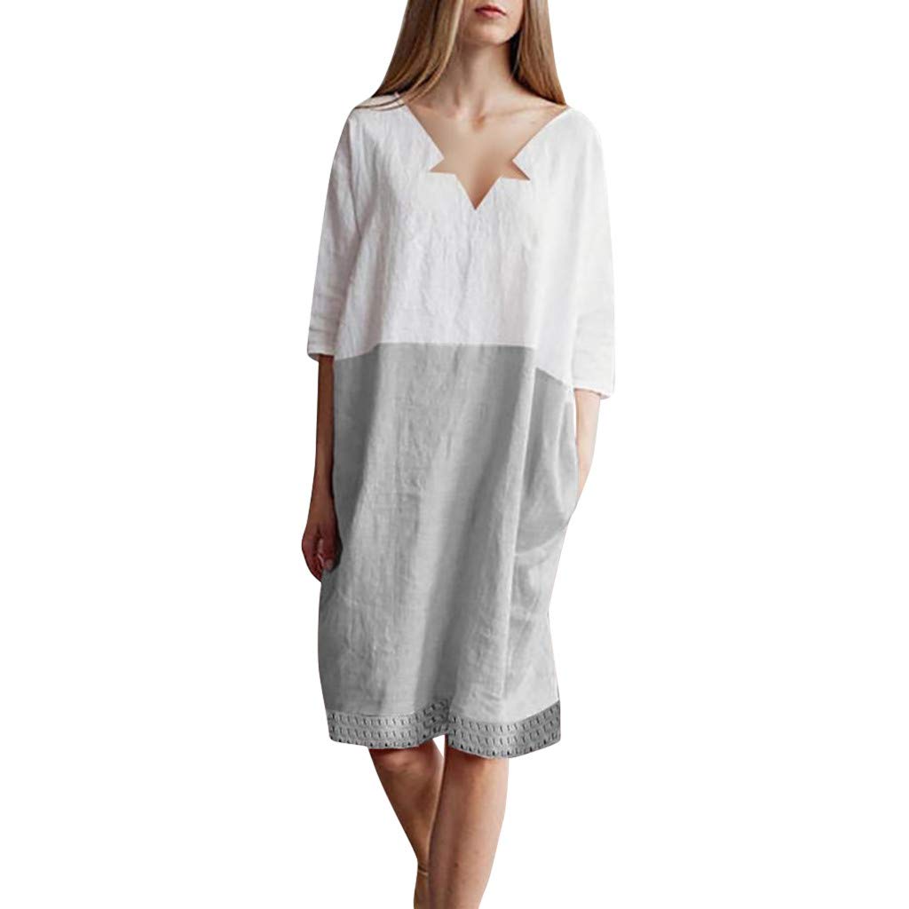 POTO Women Dresses, Loose Color Stitching Casual Dresses with Pockets Cotton Linen Tunic Dress Party Dress Beach Dress