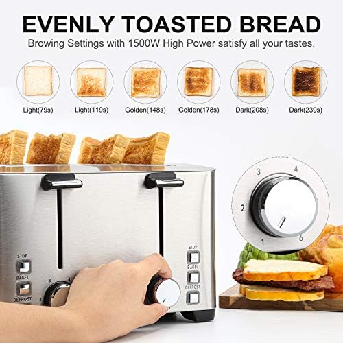 Toaster 4 Slice Stainless Steel Toasters with Bagel/Defrost/Stop