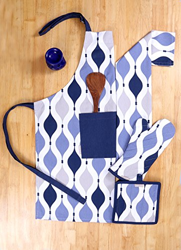 Pot Holders and Oven Mitts, Geometric Blue Design, Heat Resistant, Made of 100% Cotton, Set of 1 Oven Mitt and 1 Pot Holder, Pot Holders and Oven Mitts Sets By CASA DECORS