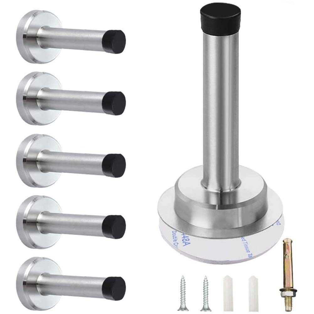 6 Pack Wall Mounted Door Stoppers for Skirtings Chrome Door Stops Indoors Door Stopper Heavy Duty Doorstop, Self Adhesive Door Stop Stainless Steel Doorstops with Noise Dampening Rubber