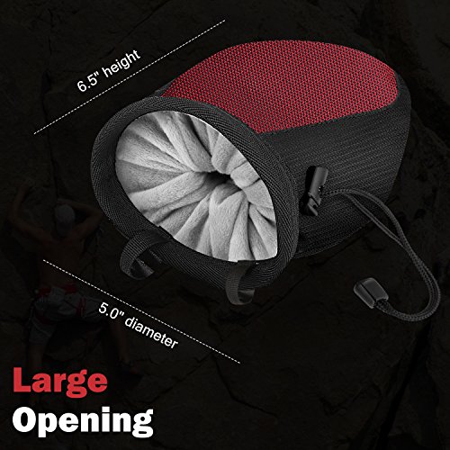 Rhino Valley Chalk Bag, Rock Climbing Chalk Bag No Leak Strawstring Bag with Adjustable Belt and Carabiner for Climbing, Gymnastics, Weight Lifting - Black & Red - Thumbnail 5