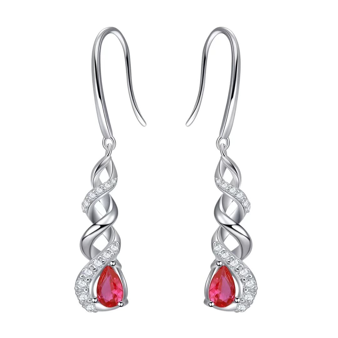 Qings July Birthstone Dangle Earrings - 925 Sterling Silver Cubic Zirconia Red Ruby Infinity Gemstone Earrings Piercing Sparkling Jewelry for Women Girls Teens