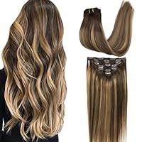 GOO GOO Clip in Hair Extensions Real Human Hair, Remy Human Hair Extensions Clip ins for Women, Natural Human Hair, 16inch 120g 7Pcs, 4/27/4 Balayage Chocolate Brown to Caramel Blonde