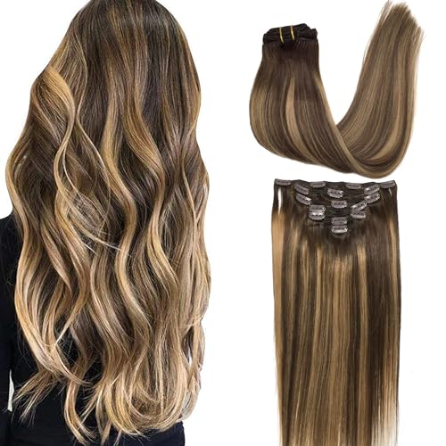 GOO GOO Natural Hair Clip in Extensions, 7pcs 120g 50cm 4/27/4 Chocolate Brown to Caramel Blonde, Natural Hair Extensions