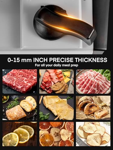 FOHERE Cortadora de Fiambre 250W, Cortadora de Carne y Pan con Cuchillas Serradas y Lisas de 19cm, Espesor Ajustable 0–15mm, Bloqueo de Seguridad, Pies Antideslizantes, Fácil de Limpiar