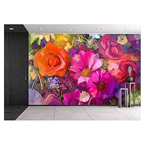 Still Life of Yellow and red Colour Flowers .Oil Painting a Bouquet of Rose - Removable Wall Mural | Self-Adhesive Large Wallpaper - 66x96 inches