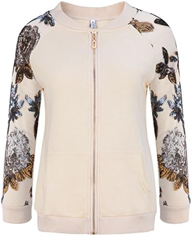 Womens Fashion Autumn Long Sleeve Full-Zip Sequins Mesh Paneled Casual Baseball Jacket