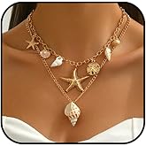 IQIC Gold Shell Necklace for Women Dainty Pearl Starfish Charm Necklace Layered Cute Starfish Chain Necklaces Chunky Gold Sea Snail Pendant Necklaces Boho Summer Vacation Jewelry Accessories