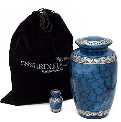 Enshrined Memorials Cremation Urn for Ashes by Electra Series Large Human Adult Handcrafted Brass Aluminum Quality Affordable for Funeral Engraving Design (Blue Cloud, Adult with Keepsake)