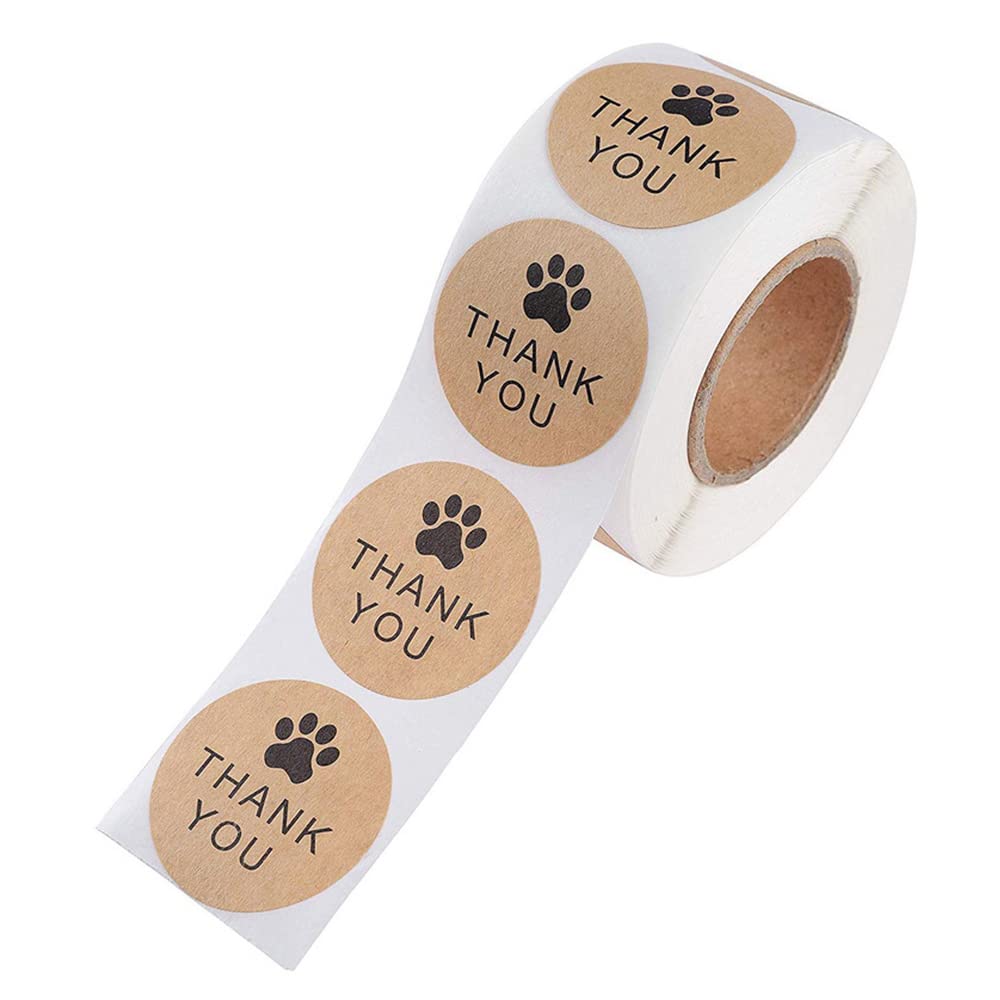 500 Pcs Kraft Pet Paw Labels Stickers - 1" Thank You Round Stickers Labels Dog Cat Paw Print Sticker for Small Business Wrapping Sealing and Decoration