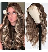 Maycaur Brown Blonde Long Wavy Lace Front Wigs Glueless Natural Wave Synthetic Heat Resistant Fib...