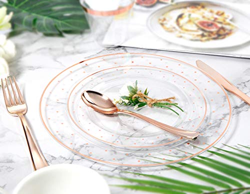 BUCLA-25guest-Rose-Gold-Plastic-Plates-with-Disposable-Plastic-Silverware9oz-Cups-Dot-Plastic-Dinnerware-include-25-Dinner-Plates-25-Salad-Plates-25-Forks-25-Knives-25-Spoons25Cups
