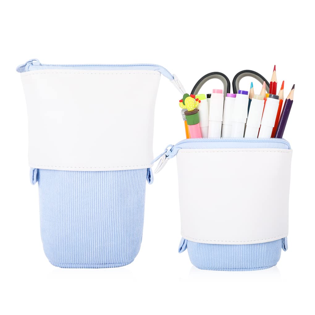 Oyachic Telescopic Pencil Case, Stand up Pen Pouch, Pop up Pencil Bag, Transformer Pen Holder Corduroy, Stationery Organizer for School Office Blue