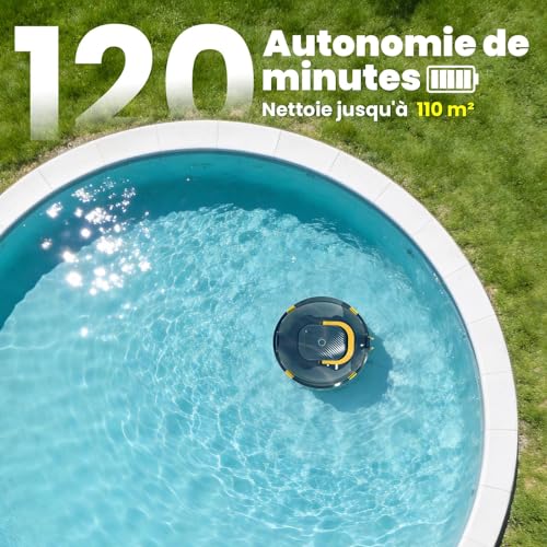 Robot Nettoyeur de Piscine sans Fil | Aspirateur de Piscine Automatique, 120 Min d'autonomie, Auto-Stationnement & Ultra Léger | Robot pour Piscine Hors-Sol ou Enterrée à Fond Plat jusqu'à 110 m²(n)