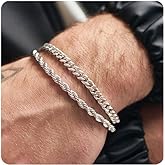 RANKEEF 2 Pcs Chain Bracelet for Men - Silver Plated 7-9inch Figaro Rope Cuban Link Bracelet Set - Gifts for Men Dad Husband Boyfriend