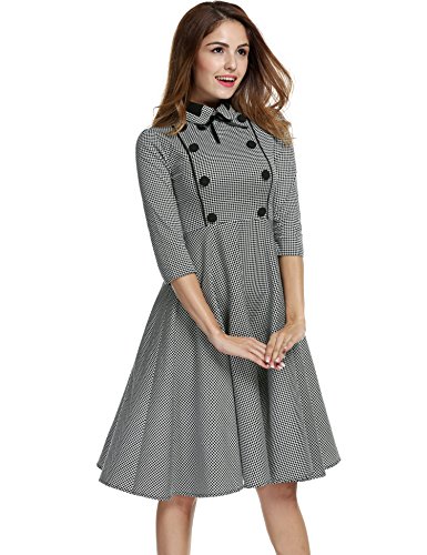 Vintage 1940 3/4 Sleeve Large Swing Official Plaid Slim Dress ANGVNS Women Elegant