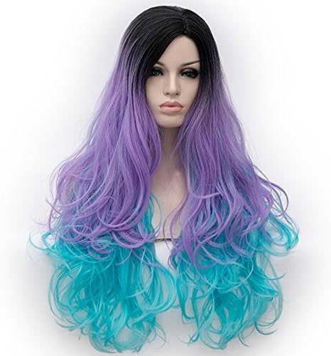 Falamka Synthetic Black Root Ombre Purple And Blue Long Hair Curly Women Wig Cosplay Wig