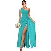 Koendye One Shoulder Bridesmaid Dresses for Women Long Ruched Chiffon A Line Formal Evening Dress with Slit KY001