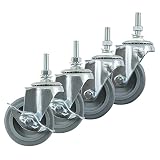 Houseables Caster Wheels, Casters, Set of 4, 3 Inch, Rubber, Heavy Duty, Threaded Stem Mount Industrial Castors, Locking Metal Swivel Wheel, Replacement For Carts, Furniture, Dolly, Workbench, Trolley