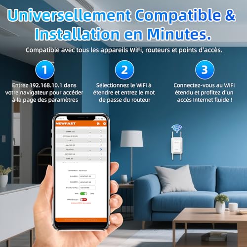 NEWFAST NF-RE556 WiFi Repeater, Powerful AX3000 Mbps WiFi Amplifier, Gigabit Ethernet Port, 2402Mbps 5GHz & 574Mbps 2.4GHz WiFi Repeater Compatible with All Internet Boxes, 4 Antennas