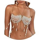 White Multi-layered Pearl Shell Top Bra Chain,Summer Beach Starfish Seashell Tassel Body Chain Festival Pearl Bikini Lingerie Chain Jewelry for Women