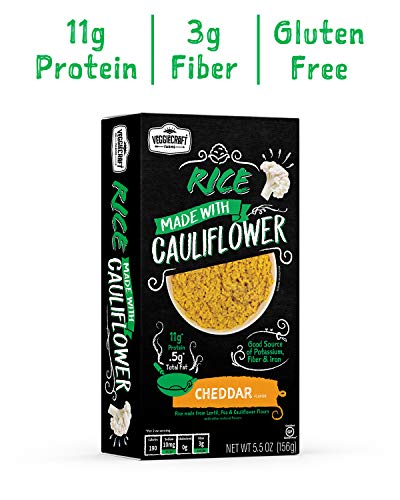 Veggiecraft Farms Cauliflower Rice 6 Pack | 14g Protein, Vegan, Gluten-Free, Non-GMO | Healthy Plant Based Nutrition | Source of Potassium, Fiber, Iron (Cheddar Rice)