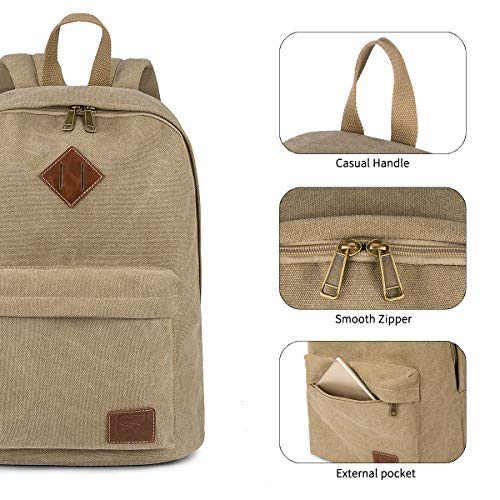 Canvas School Laptop Backpack, Durable Rucksack, Travel Notebook Bag, for Men Women Khaki