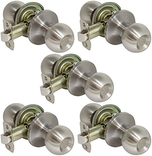 5 Pack of Pro-Grade Round Ball Passage Hallway Closet Door Knobs Handles, Satin Nickel