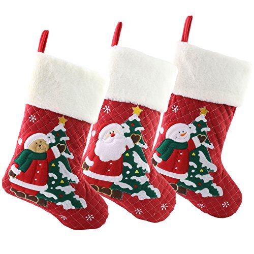 WEWILL 18’’ Diamond Christmas Stockings Set of 3 Classic Red White Plush Cuff Embroidered Snowman Reindeer Santa Claus Xmas Stockings Gift Bag Home Holiday Tree Decoration