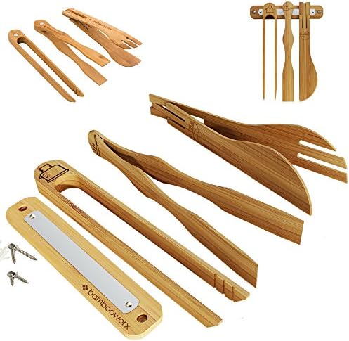 BambooWorx 3 Piece Tong Set + Hanger, Includes Toast Tong, Serving/Frying Tong, and Salad Tong, with Uniquely Designed Hanger, 100% Natural Bamboo (Icon Themed).