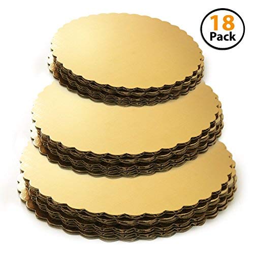 Set of 18 - Cake Board Rounds, Circle Cardboard Base, 6, 8 and 10-Inch. Perfect for Cake Decorating, 6 of Each Size Gold