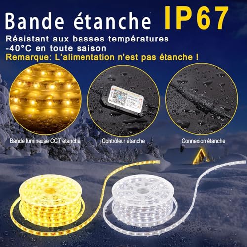 TENDIST LED Strip Outdoor Warm White to Cool White Dimmable LED Strip Lights Alexa Compatible WiFi App Remote Control 24V IP67 Waterproof for Kitchen Patio (15M) | LED Lighting, Indoor Use