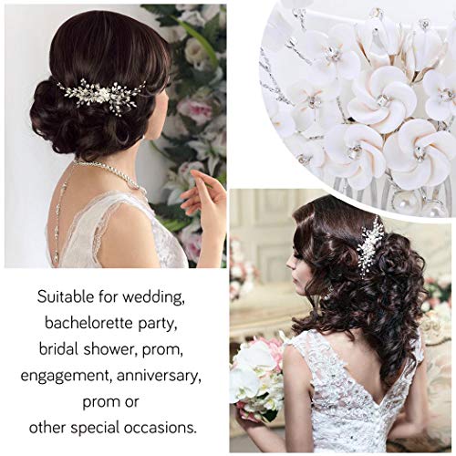 Barogirl Wedding White Flower Hair Comb Clip Crystal Bride Hair Piece Bridal Hair Accessories for Women - Thumbnail 2