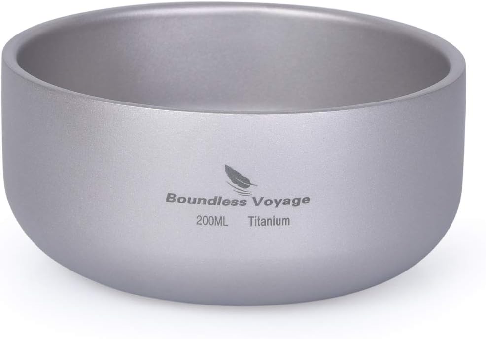 iBasingo Titanium Bowl Double-Walled Rice Soup Bowls 200ml Ice Cream Snack Cup Outdoor Camping Durable Metal Tableware Lightweight Round Bowl Dinnerware for Travel Hiking Backpacking Home Ti1083T