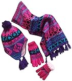 N'Ice Caps Big Girls Sherpa Lined Geo Print Hat/Scarf/Glove Knitted Set