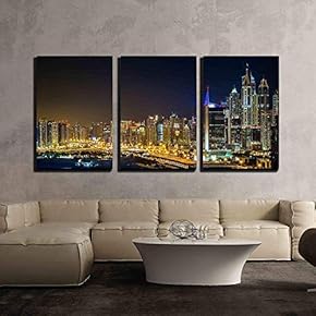 3 Piece Canvas Wall Art - Dubai Downtown Night Scene Beautiful Cityscape Photograph - Modern Home Art Stretched and Framed Ready to Hang - 16"x24"x3 Panels