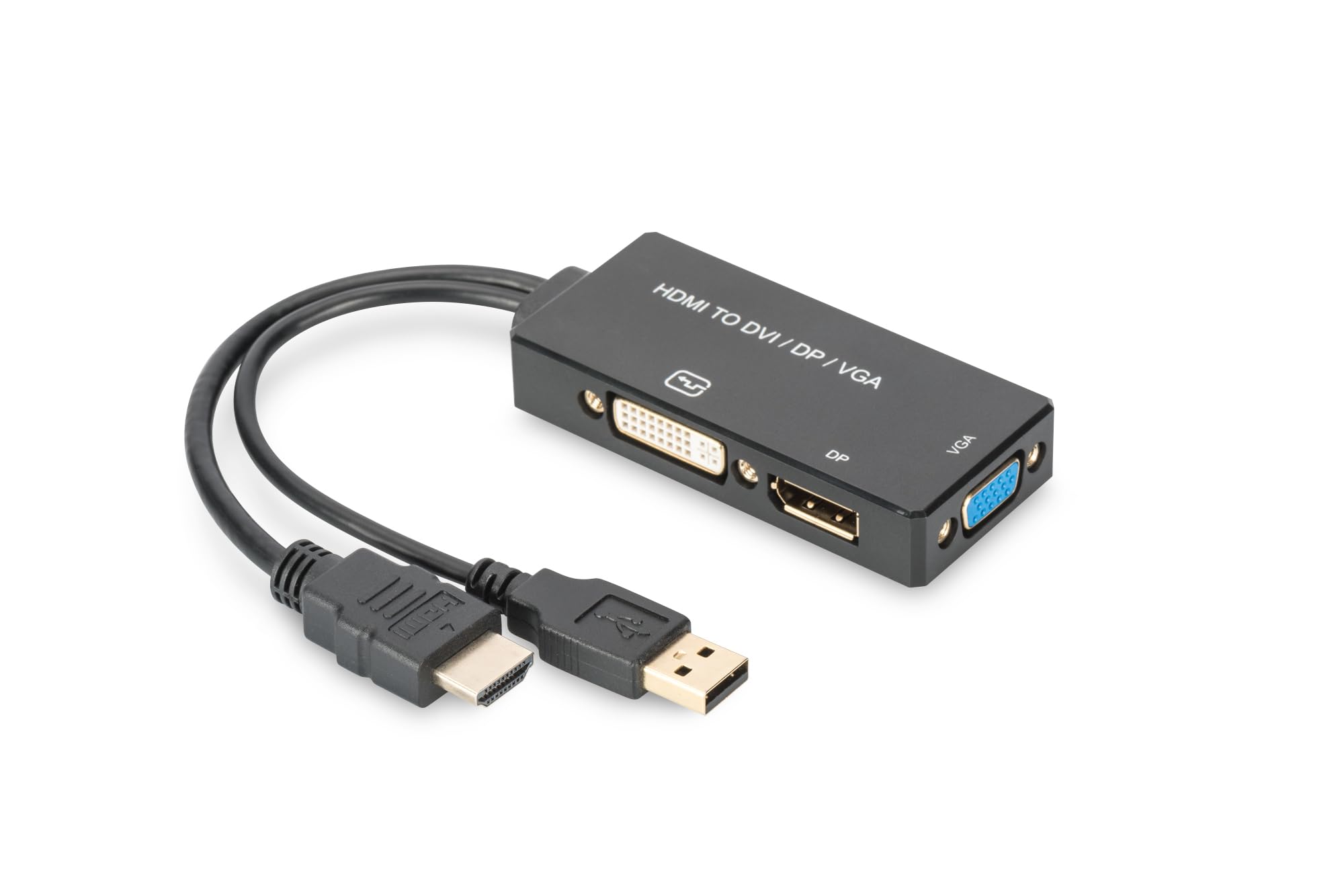 DIGITUS HDMI Graphics Adapter, HDMI Type A to DP + DVI-I (24+5) + VGA, 4K Ultra HD 30Hz, Black