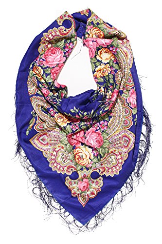 Ladies Floral Shawl Wrap Ukrainian Polish Russian Style Folk Shawls For Women (royal blue)
