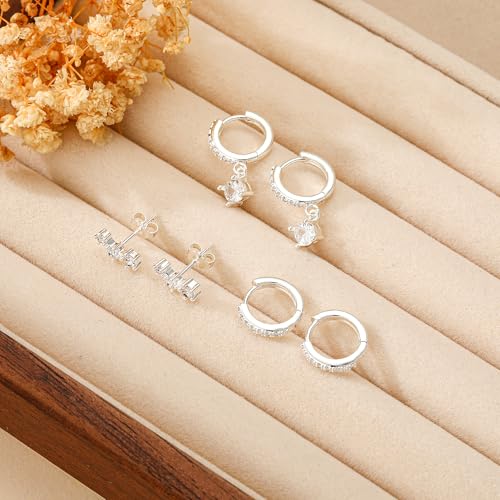Halora 3 Pairs 925 Sterling Silver Studs Hoop Earrings Set for Women 14K Gold Earring Stacks Hypoallergenic Cartilage Earring Sets for Multiple Piercings Jewellery Valentines Gifts