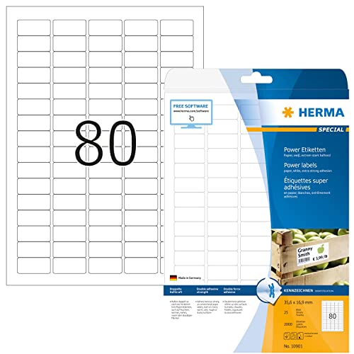 HERMA 10901 Power Etiketten, 25 Blatt, 35,6 x 16,9 mm, 80 pro A4 Bogen, 2000 Stueck, selbstklebend, bedruckbar, extrem stark haftend, blanko Papier Klebeetiketten Aufkleber, weiss