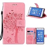 Xperia X Performance Case Premium Vintage Emboss Floral PU Leather&Soft TPU[Card/Cash Slots][Wrist strap]Wallet Magnetic Flip Case For Sony Xperia X Performance Case-LEMY JOURNEY (Tree-Pink)